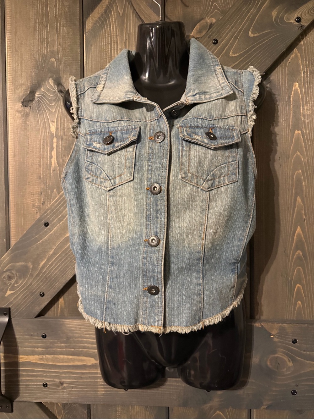 Highway Jeans Distressed Light Blue Denim Sleeveless Vest with Frayed Hem